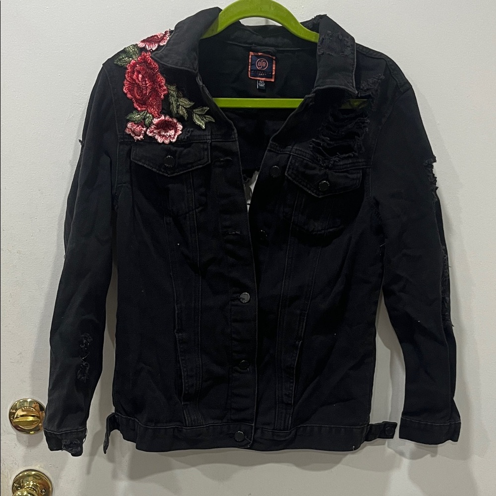 Boom Boom Jeans Black Denim Jacket with Red Floral Embroidery